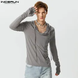 INCERUN Tops Estilo Americano Moda Mens Swing Collar Hoodies Casual Masculino Sólido Dedal Manga Comprida Pulôver Suéter S-5XL 240103