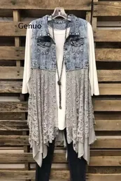 Coloques da cintura Jaqueta feminina Primavera e verão Allmatch Denim Vest Lace Bainha costura jeans Jean Vest Casat 2021 New Women Women Roupas