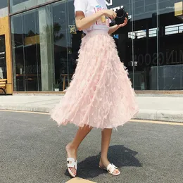 Skirts 2024 Spring Summer Bubble Tulle Tassel Skirt Women Female Tutu Pleated Feather Applique