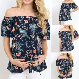 Damenbekleidung Plus Size T-Shirts für schwangere Frauen Kurzarm-Tops Stillen schulterfrei Blumen-T-Shirt Umstandsmode 240102