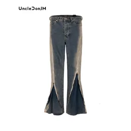 UncleDonJM Side Opening Double Zipper Skinny Jeans Gradient Wash Distressed Flared Hip Hop Y2k Mens 240102