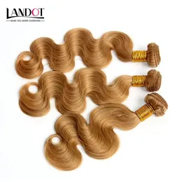 Wefts Honey Blonde Indian Body Wave Virgin Human Hair Extensions Color 27 Indian Hair 3Pcs Indian Wavy Hair Weave Bundles Double Drawn W