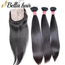 Wefts Human Hair Bundles With Silk Base spetsstängning 4x4 Staka brasilianska malaysiska peruanska indiska jungfruliga hårbindförlängningar 4 st vara