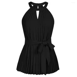 Women's Tanks Women Chiffon Pleated Tops Summer Casual Halterneck Hollowed Out Front Keyhole Back Office Lady Sleeveless Shirts A30
