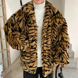 Faux Fur Coat For Men Turndown Collar Tiger Leopard Imitate Jacket Thick Winter Warm Fluffy Plush Loose Jumper Outwear 240102