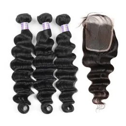 Wefts Deep Loose human hair bundles with closure Brazilian Hair 3PCS With 4x4 Lace Closure Loose Deep Virgin Human Hair Extensions