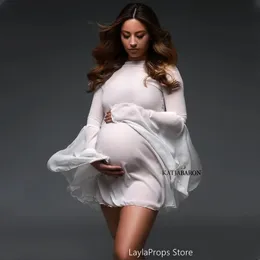 Pregnancy Dresses for Po Shooting White Chiffon Maternity Shoot Flare Flounce Sleeve See Through Pography Clothes 240102