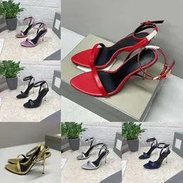 Klackar skor kvinna designer sandaler hänglås spetsiga nakna sandaler spänns ankelband med ruta 506