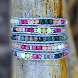 Pulseiras Boho colorido pulseira de couro vintage pedra natural 5 fios wrap pulseira para presentes femininos
