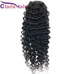 Rabo de cavalo ajustável profundo encaracolado extensões de rabo de cavalo cordão cru indiano virgem onda profunda cabelo humano pônei rabos de cabelo clip ins para blac