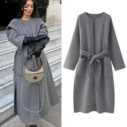 TRAF Tweed Long Coat Women Autumn Winter ONeck Sleeve Top With Belt DemiSeason Wool Luxury High Quality 240102