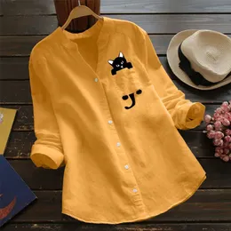 Frauen Hemd Katze Gedruckt Tasche Baumwolle Leinen Bluse V-ausschnitt Casual Langarm Button-Down Top Kleidung Chemise Femme 240102