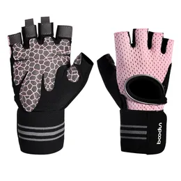 Gloves BOODUN Women's Gym Gloves HalfFinger Antislip Breathable Bodybuilding Fitness Sport Gloves with Long Wrist Strap Protection Q010