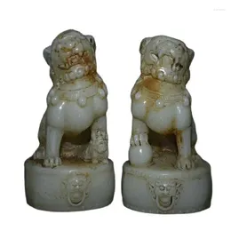 Decorative Figurines 4.6 " China White Hetian Jade Carved Fengshui Animal Fu Lions Wealth Bixie Statue Pair