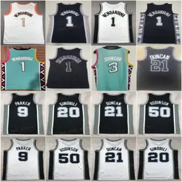 스티치 시티 농구 Victor Wembanyama Jersey 1 남자 Keldon Johnson 3 Manu Ginobili 20 Tim Duncan 21 팀 Black White Grey Color 획득 클래식