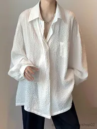 Camisas casuais masculinas de manga comprida camisa masculina tendência de verão branco botão acima blusa homens estilo hong kong jaqueta bonita onda textura top