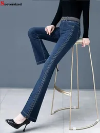 Vintage hög midja flare jeans vår denim byxor utskrift pantalones femme stor storlek 75 kg stretch vaqueros casual mager slang 240102