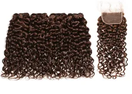 Chocolate Marrom Indiano Virgem Cabelo Humano Molhado e Ondulado 4 Pacotes com Fechamento de Renda 4 Cabelo Humano Castanho Escuro Tece com Fechamento Superior 2447477