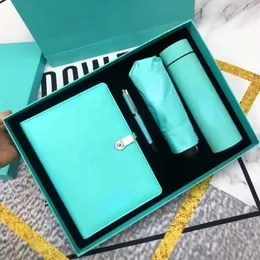 Regenschirme Designer-Geschenkset Luxuriöse Cyan-Sonnenschirm-Regenschirm-Stiftbecher-Notizbuch-Geschenksets