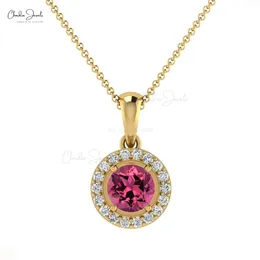 Vintage Circular 4mm Round Pink Tourmaline Halo Pendant Necklace 14K Solid Gold White Diamond Pendant For Women At Factory Price