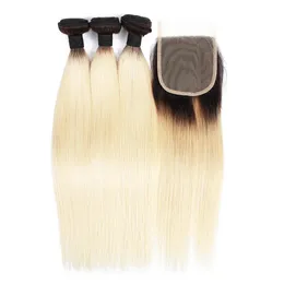 Weaves KISSHAIR T1B613 straight hair weave 3 bundles with closure blonde color hair extension virgin European Brazilian hair