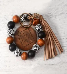 مفاتيح مفاتيح Rainbery Leopard Print Silicone Bead Bead Bead Keychain Fashion Bendant Round Round Wood Chip Mama Bracelet Bracelet Bracelet JB0796103840