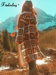 Tröjor Fitshinling Bohemian Crochet Cardigan Women Autumn Winter Patchwork Vintage Jacket Coat Holiday Boho Handgjorda långa cardigans Ny