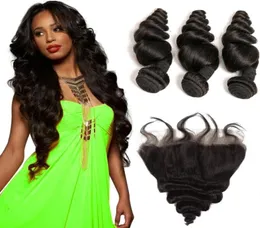 Msjoli Brazilian Peruian Peruian Loose Wave Bundles with Frontal Closure 10a Remy Human Hair Weave Extension Preucked Lace Frontal Wit5219226