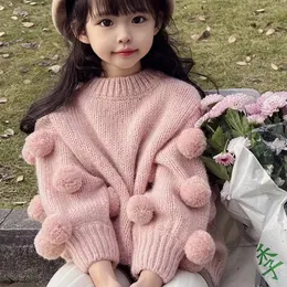 Пуловер для девочек, весенне-осенний детский модный розовый шерстяной бальный свитер с рукавами-фонариками для девочек, топ 240103