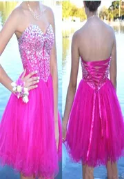 Sparkly Crystals Fuschia Homecoming Dress Sweetheart Lace up Back Tulle Short Prom Dresses Cocktail Party Dresses vestido curto Cust6284051
