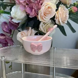 Bowls Pink And Tender Girl Heart Series Hand Held Bow Shaped Rice Bowl Ceramic 4.5 Inch 400ml Soup Dessert Model