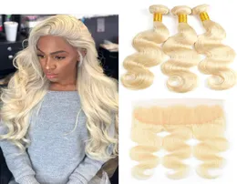 PRE PLUCKED 134 DELSLAMA FREDAL MED BUNDLAR BODY WAVE 613 Blond Malaysian Human Hair Weave Bundles With Frontal Natural5772510