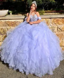 Quinceanera elbiseler lavanta kolsuz aplike tül özel fermuarlı dantel yukarı artı beden yeni vestido de tatlı 15 tatlım boncuk