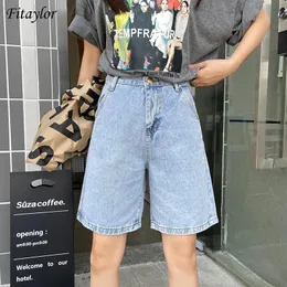 Shorts Fitaylor 2022 Nya sommarkvinnor Hög midja bred ben svart denim shorts casual kvinnlig lös rak knapp jeans bermuda shorts