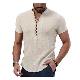 Blusa casual masculina manga curta solta topos camisas de linho de algodão verão pulôver camiseta cor sólida camiseta roupas masculinas 240102