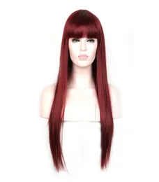 WoodFestival long straight hair wigs heat resistant synthetic fiber burgundy black brown flax wig with bangs 70cm realistic sof wo8238666