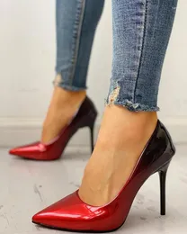 Sukienka butów dla kobiet mody impreza wysokie obcasy Pu Patchwork Pumps Wskazane palce gradientowe kolor cienki kolor