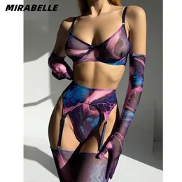 T-shirt Mirabelle Tie Dye Lingerie per donna Biancheria intima di pizzo con calze e guanti Novità in indumenti da notte da donna Reggiseno trasparente