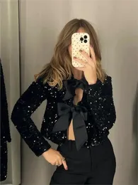 Fashion Sequin Bow Lace Up Women Jacket Chic Shiny Oneck Long Sleeve Y2K Cropped Coat 2023 Female Party Outerwear 240102