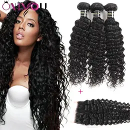 Wefts 9A Onda Profunda Mongol Kinky Curly Water Straight Body Wave Cabelo Virgem 3 pacotes com 1 fechamento de renda 100% cabelo peruano brasileiro