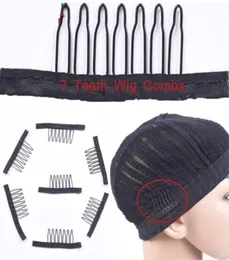 7 Theeth rostfritt stål perukkammar för perukkåpor perukklämmor för hårförlängningar Stark svart spetshår comb1081293