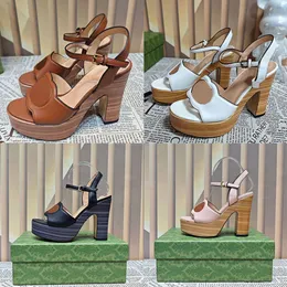 Designerskie kobiety drzewne sandały wycięte obcasy skórzane platforma sandałowe buty na wysokim obcasie z pudełkiem 507