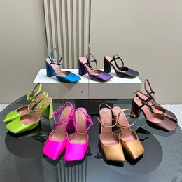 Amina muaddi Begum Satin Square toe Pumps shoes 95mm block heeled sandals women's luxury leather outsole evening shoes Slingback sandal With box 35-42