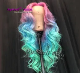 Renkli saç perukları sentetik uzun gevşek dalga ombre pembe mavi renkli saç dantel ön peruk