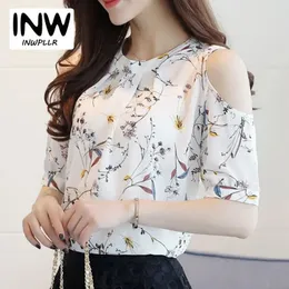 Summer Style Floral Shirt For Womens Elegant Open Shoulder Blouses Chiffon Print Blusa Ete Plus Size Female Tops 240102