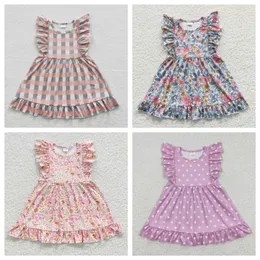 Vestidos de menina atacado rts bebê meninas verão flysleeve vestido criança ocidental boutique crianças floral na altura do joelho roupas plissadas