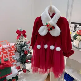 Vestidos de niña 2024, el último estilo, ropa para niños, falda de pana de malla empalmada roja de manga larga cálida de invierno para niñas JF1478