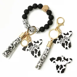 Silicon Beads Keychain MAMA Monogram Cow Head Pendant Cow Pattern Beads Bracelet Tassel Wristlet Gift For Key Ring