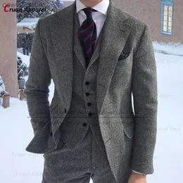 Garnitury męskie Blazers Hodowca Suit Mężczyźni 3 sztuki Formalne biznes Tweed smoking dla mężczyzn dostosowany do retro ślub męski menu menu menu press q230103