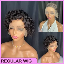 Malaysian Peruvian Indian Brazilian Natural Color Black 100% Raw Virgin Remy Human Hair Pixie Curly Cut T Part Short Wig